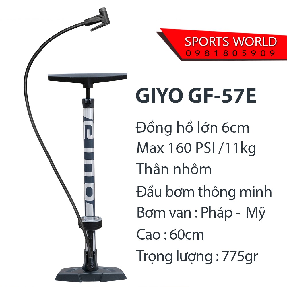 Bơm xe đạp GIYO GF-57E 160psi/11kg, đồng hồ cao, thân NHÔM hàng Đài Loan