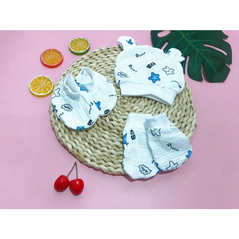 Set mũ bao tay bao chân xô cotton Hàn Quốc