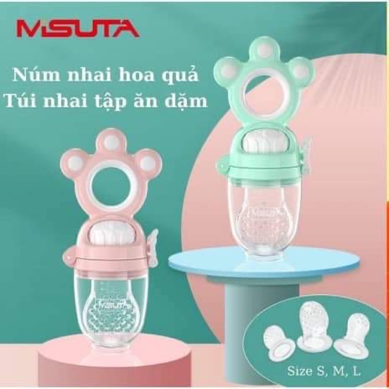 Túi nhai ăn dặm Misuta silicon chống hóc cho bé tập ăn hoa quả, núm nhai 3 size ăn dặm siêu mềm
