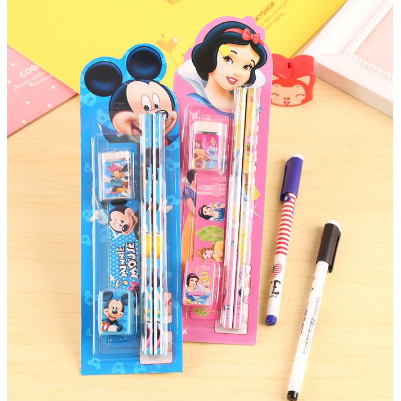 Bộ dụng cụ học tập 5 món gồm bút chì + tẩy + thước + đồ chuốt cho bé🍀 Clovershop68 🍀