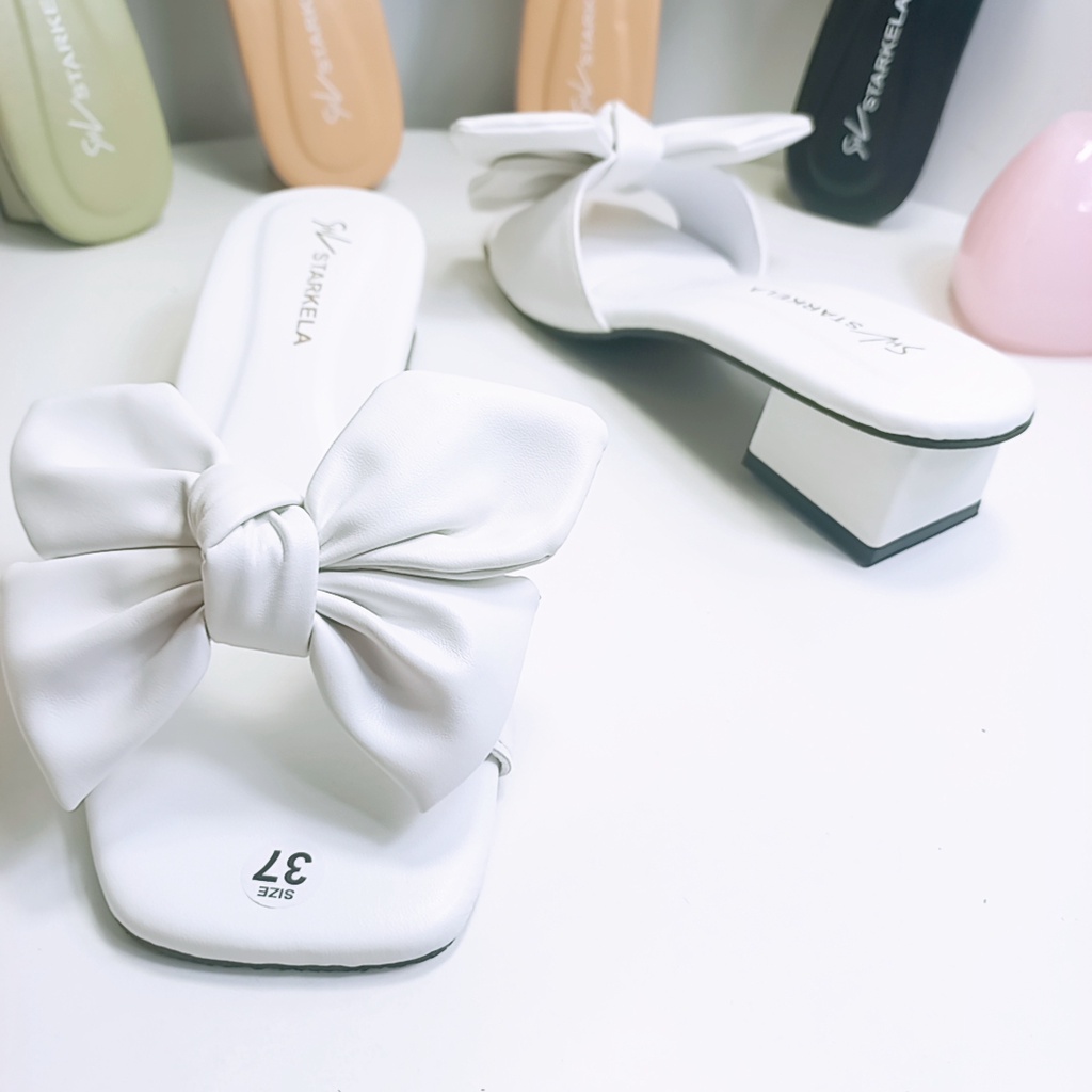 Guốc nữ Cao Gót vuông 3cm mũi hở-Dép cao gót quai ngang thắt nơ phồng to mã GNP MINHTUYETSHOES