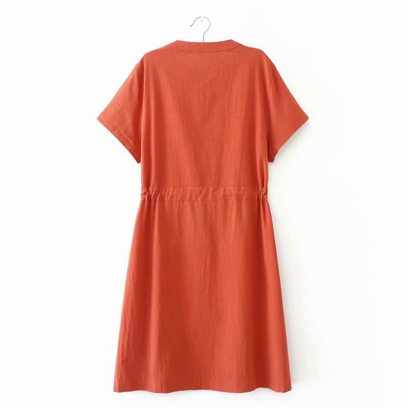 Đầm đũi suông, cổ cách điệu, ngắn tay, có dây thắt eo, 2 túi hông tiện lợi (45kg-70kg)