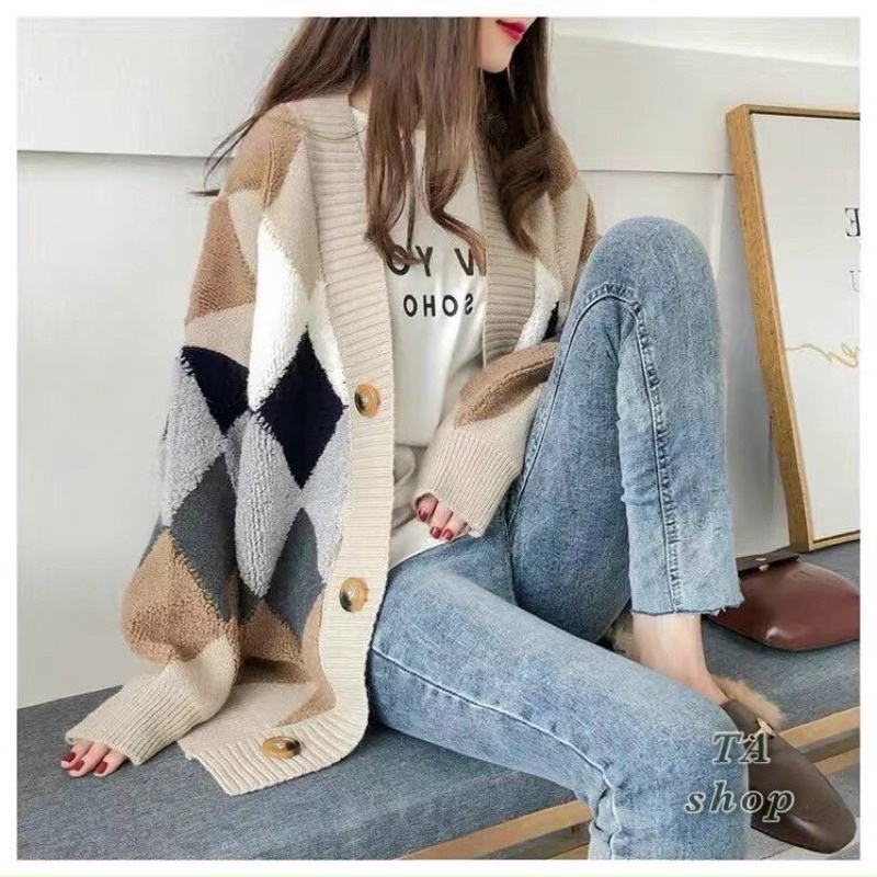 Áo khoác cadigan len trám ô Quảng Châu mẫu mới về