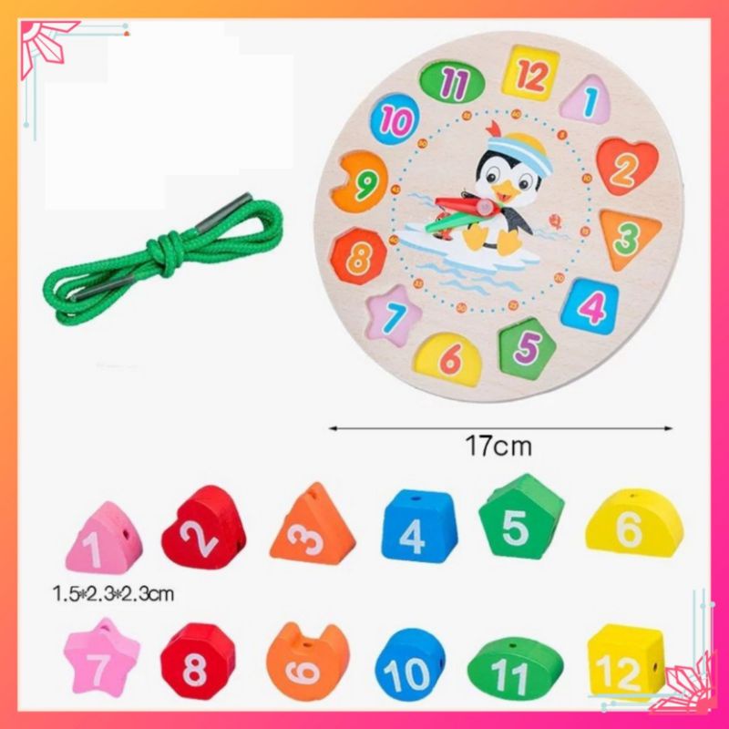 Trọn bộ 6 món  - Đồ Chơi Gỗ Montessori: Đàn gõ, Sâu uốn dẻo, Thả hình khối, Luồn hạt, Xếp chồng, Đồng hồ gỗ và xâu vòng