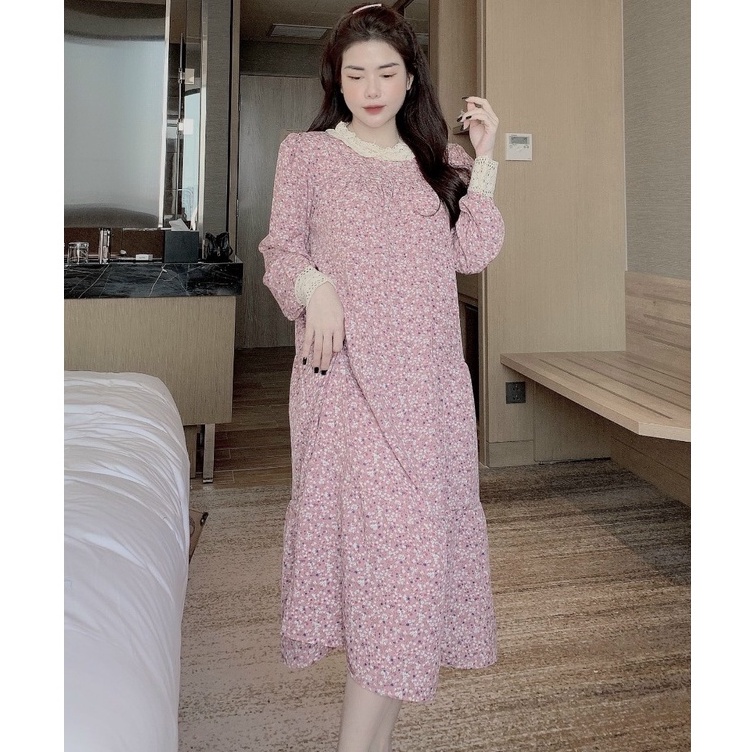 Đầm bầu dài tay hoa nhí M151 chất lụa hoa thời trang thiết kế freesize