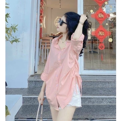 sét đồ nữ sang chảnh,bộ đồ nữ áo sơ mi rút dây kèm quần phối màu nhã nhặn ( Xanh ,Hồng )