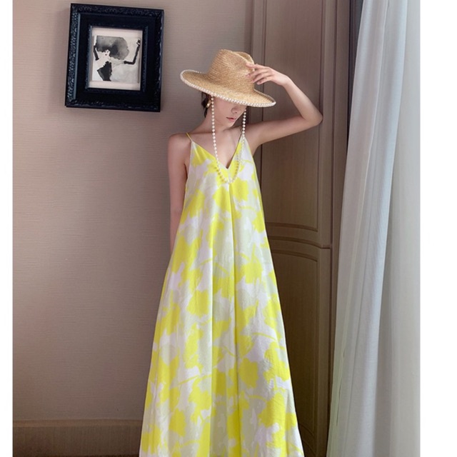 VÁY ĐẦM MAXI 2 DÂY HOA VÀNG TƯƠI MÁT