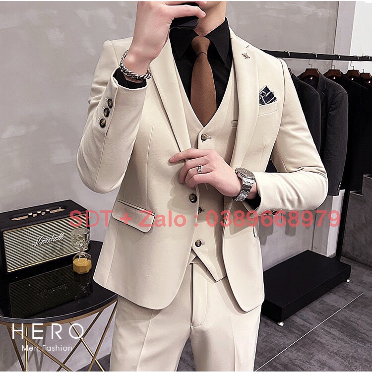 Bộ vest nam cao cấp chất vải sịn sò màu kem, Bộ suit nam cao cấp màu be fom ôm đẹp