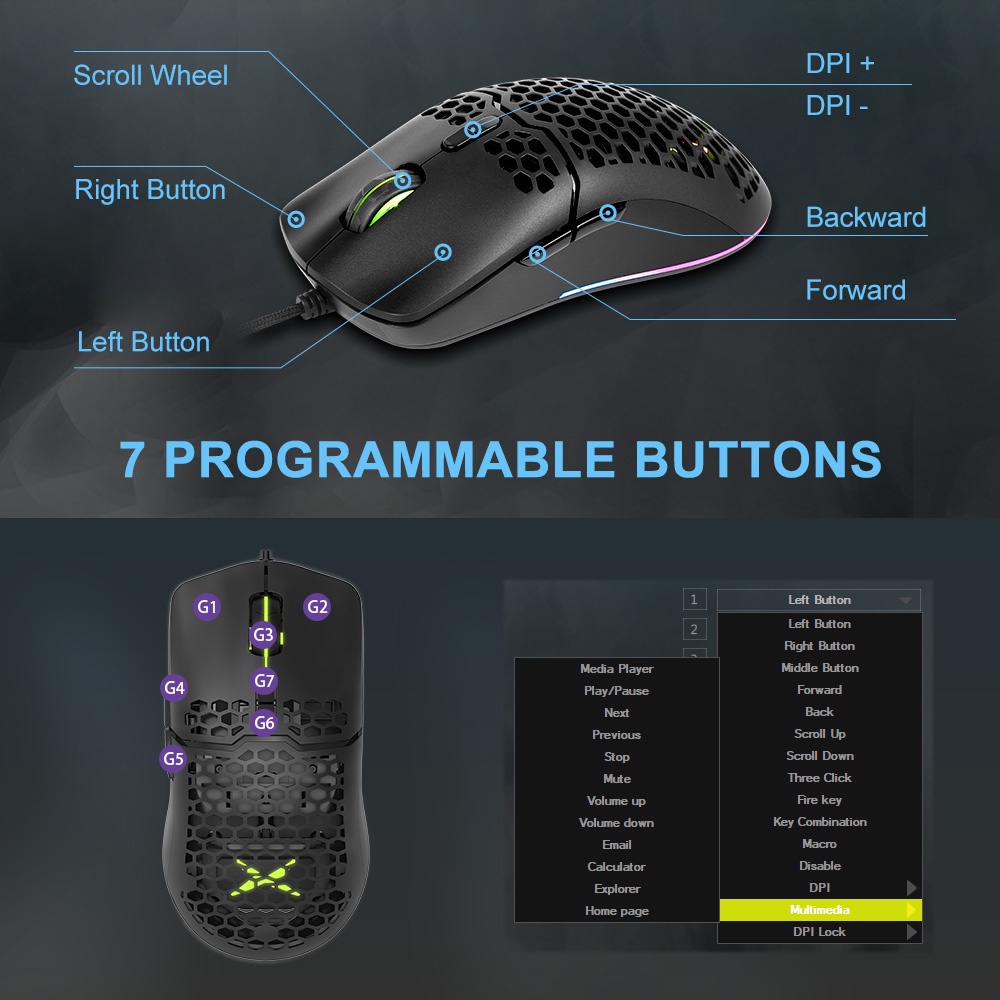 Chuột gaming Delux M700 PMW3389 RGB thiết kế tổ ong có dây cáp mềm độc đáo