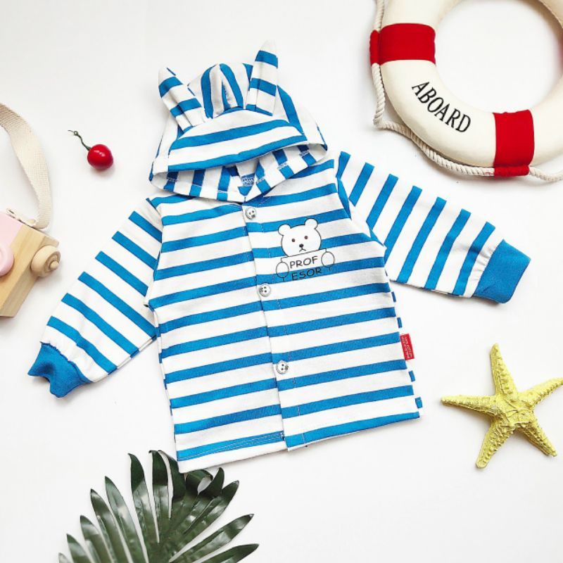 Áo Khoác Sơ Sinh Có Mũ Tai Thỏ Sọc Trắng, Vải Cotton