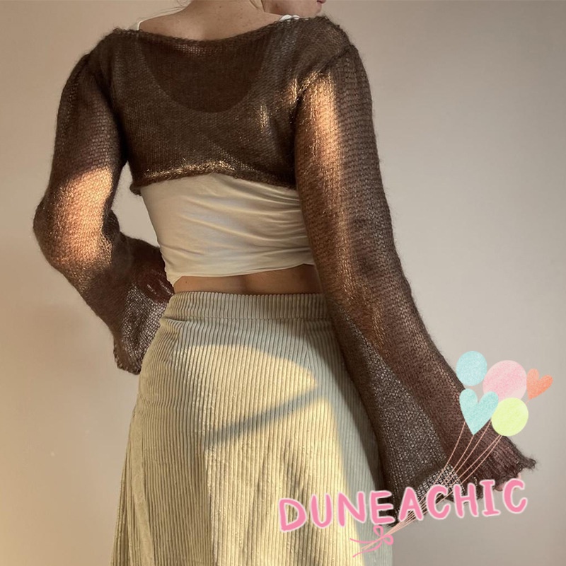 DUNEA Áo croptop dệt kim tay loe thiết kế xuyên thấu thời trang dành cho nữ
