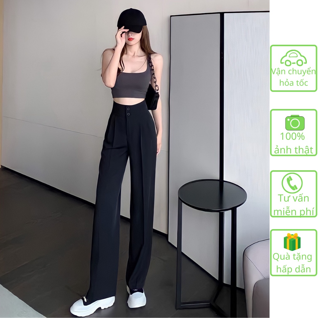 Quần Culottes Ống Rộng Lưng Cao 2 Khuy, Quần Ống Suông Cạp Cao 2 Cúc Dài 100cm Phong Cách Trẻ Trung