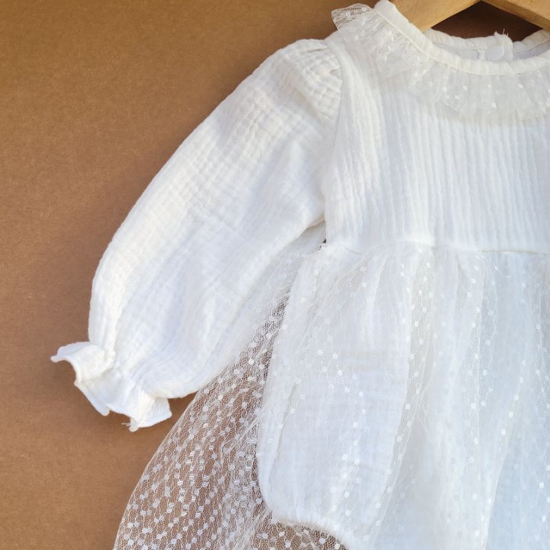 Body Váy trắng dài tay ren xô muslin công chúa cho bé gái. Chíp Chíp Shop