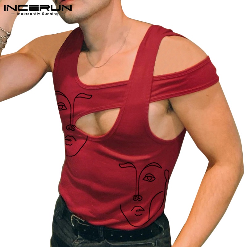 Áo tanktop INCERUN dành cho nam thiết kế không tay cắt lỗ in hình thời trang