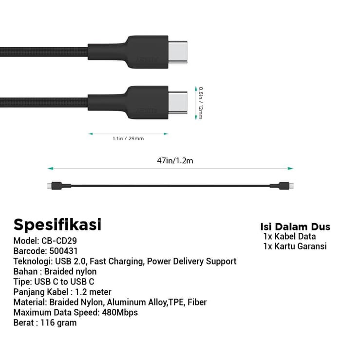 Cục Sạc Nhanh Aukey Cb-Cd29 Pd Type-C Sang Type-C Cho Macbook 60w