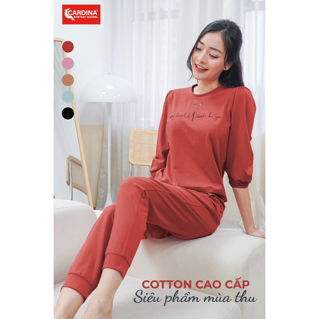 Đồ bộ thu đông mặc nhà CARDINA, Quần bo gấu, Áo Dài tay vải Cotton Cao Cấp Tôn Vóc Dáng Thể Thao, Năng động, Trẻ Trung