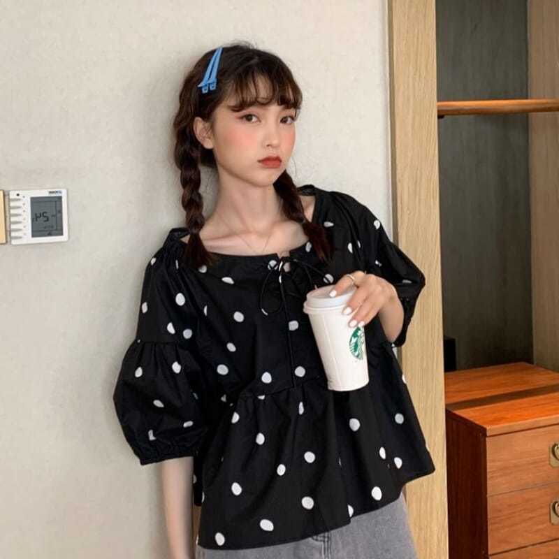 Áo Sơ Mi Tay Ngắn Dáng Rộng Họa Tiết Chấm Bi Thời Trang Cho Nữ JL-TX-183