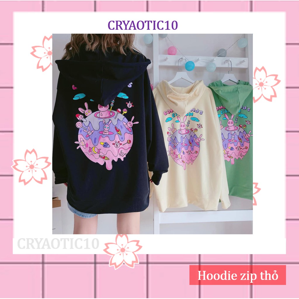 [Kèm hình thật] Áo khoác hoodie dây kéo hoodie zip thỏ Candy Land unisex