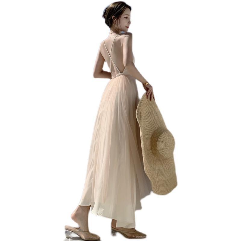 Đầm Hai Dây Ôm Eo Hở Lưng Phối Lưới Thời Trang Đi Biển/Du Lịch Dành Cho Nữ