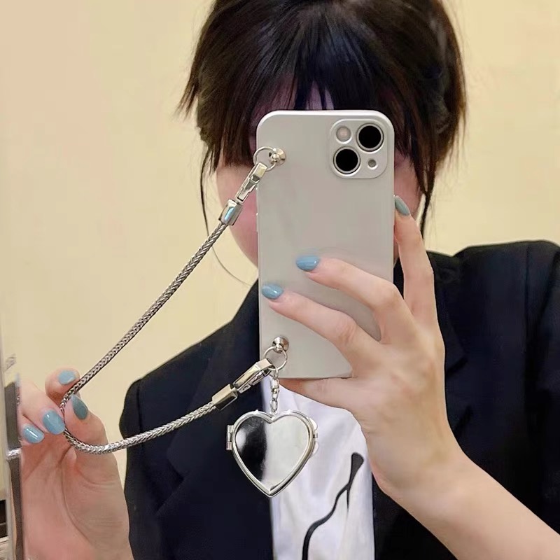 Ốp Điện Thoại tpu Dẻo Màu Bạc Gắn Gương Và Dây Đeo Trái Tim Cho Iphone 13 pro max 12 pro max 11 pro max xs max xr x 7 8 plus