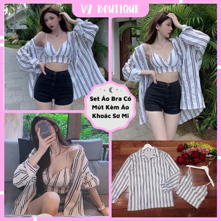 Set áo bra có mút kèm áo khoác sơ mi chất liệu lụa có mút ngực sành điệu