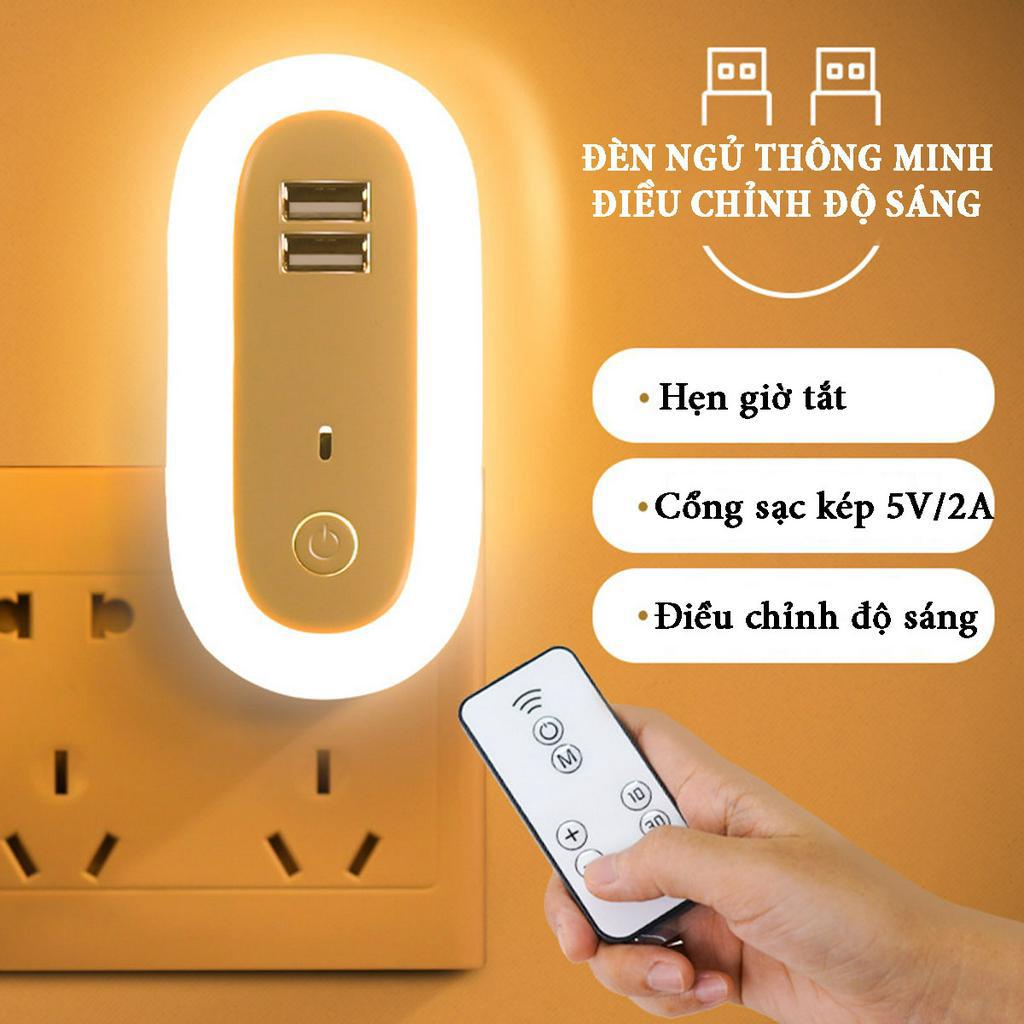 Đèn ngủ điều khiển từ xa có cổng USB sạc kép 5V2A điều chỉnh tăng giảm độ sáng 10 cấp độ với 3 chế độ sáng tích hợp