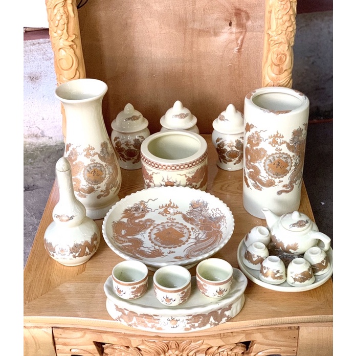 Bộ đồ thờ Thần Tài Thổ Địa màu vàng kim, đồ thờ gia tiên gốm sứ Bát Tràng màu vàng