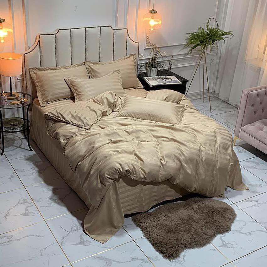 Bộ chăn ga gối kẻ sọc 3f LIDACO sang trọng trơn Vàng Đậm