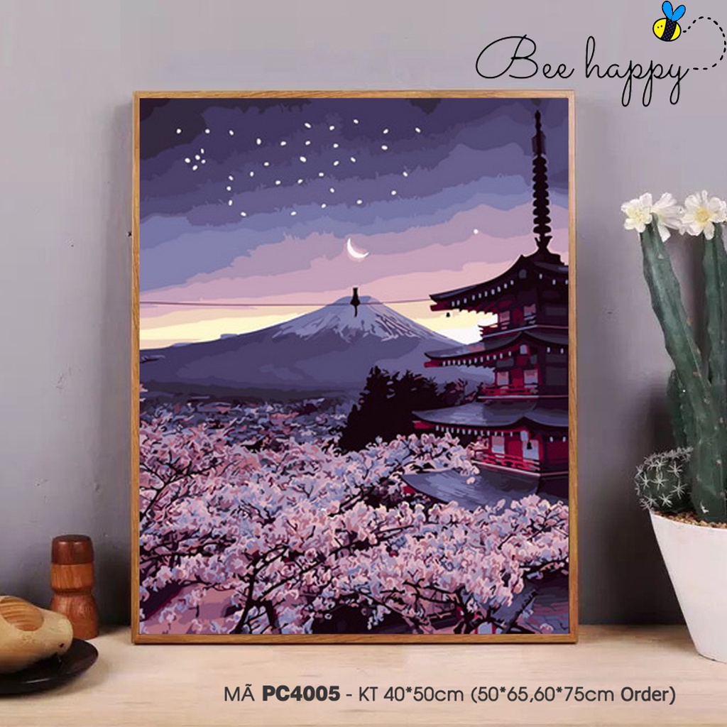 Tranh sơn dầu tự tô theo số Cảnh đêm núi Phú Sĩ hoa anh đào Nhật Bản BEE HAPYY PC4005