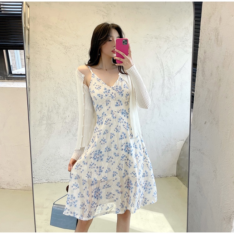Xiaozhainv Korean fashion long-sleeved knitted cardigan/embroidered floral chiffon V-neck midi suspender dress suit women (order separately)