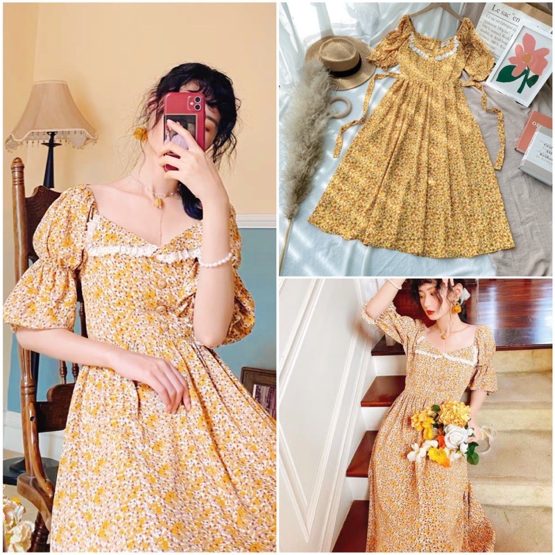 ❤KÈM ẢNH THẬT-ĐẦM MIDI HOA NHÍ VIỀN NGỰC TRẮNG VINTAGE XD