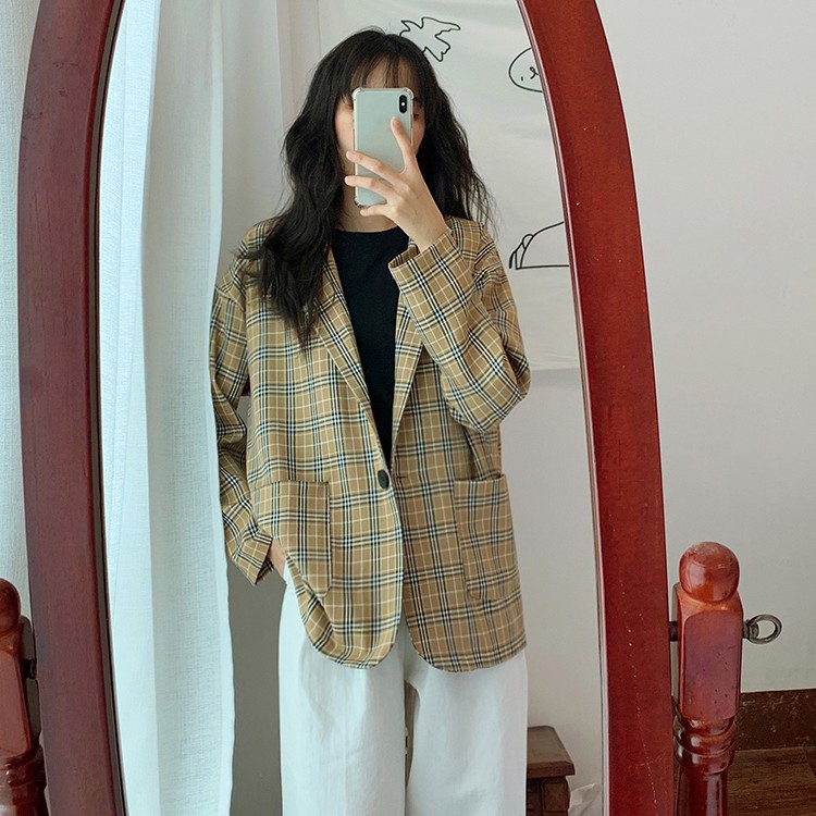 [CÓ SẴN] Áo khoác blazer nữ kẻ caro form rộng dài tay phong cách Hàn Quốc ulzzang