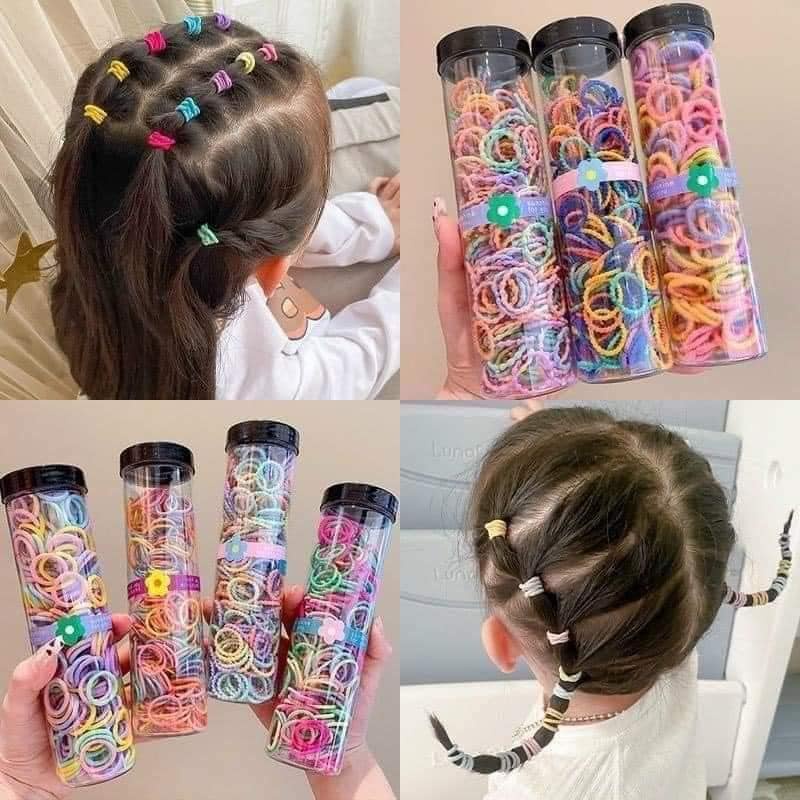 Hộp 300 sợi chun nhiều màu sắc cho bé, chun tóc ống ngộ nghĩnh đa sắc màu