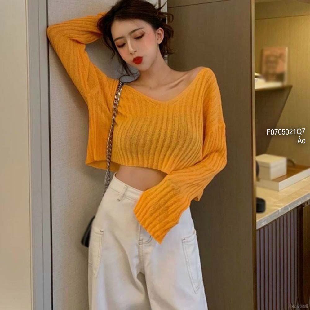 Áo len croptop mỏng cổ tim tay dài hàng QC!