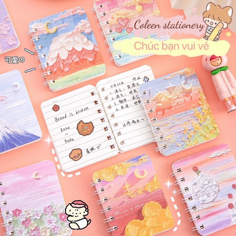 Sổ tay lò xo bỏ túi ghi chép mini hoạ tiết sơn dầu nghệ thuật