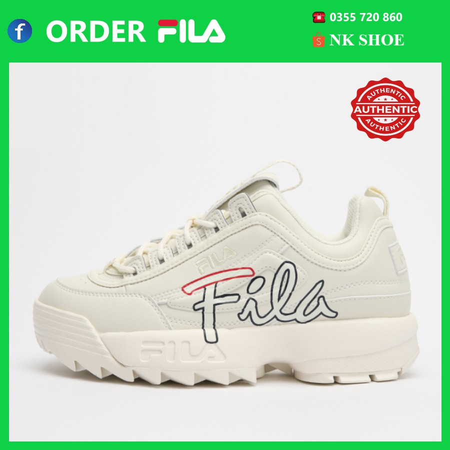 (Đủ bill) Giày Sneaker Thể Thao Nam Nữ FILA DISRUPTOR 2 SCRIPT Màu Be chính hãng 100%