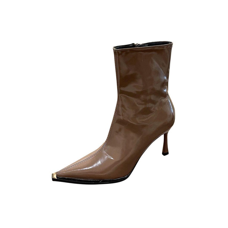 Giày Bốt Cao Gót Da Bóng Mũi Nhọn Phối Khóa Kéo Bên Hông Thời Trang Mùa Thu 2022