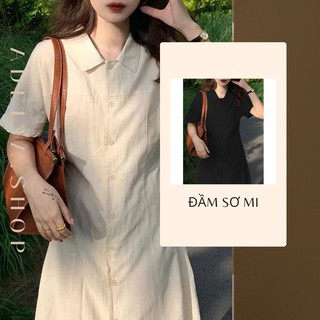 Đầm sơ mi | Váy sơ mi dáng suông tay ngắn thắt eo phong cách Hàn Quốc, Chất đũi mát