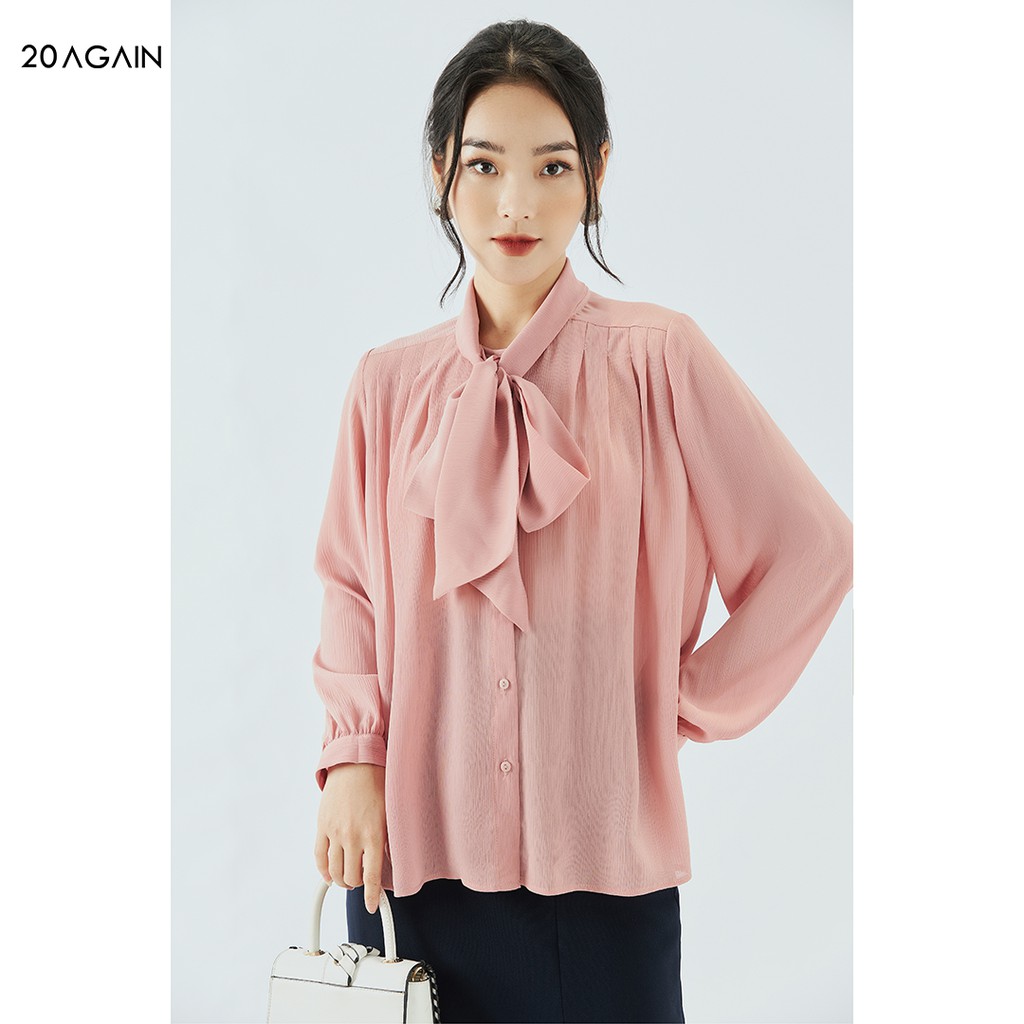 Áo sơ mi nữ dài tay nơ cổ 20AGAIN, thiết kế công sở vải voan cao cấp ASA1212
