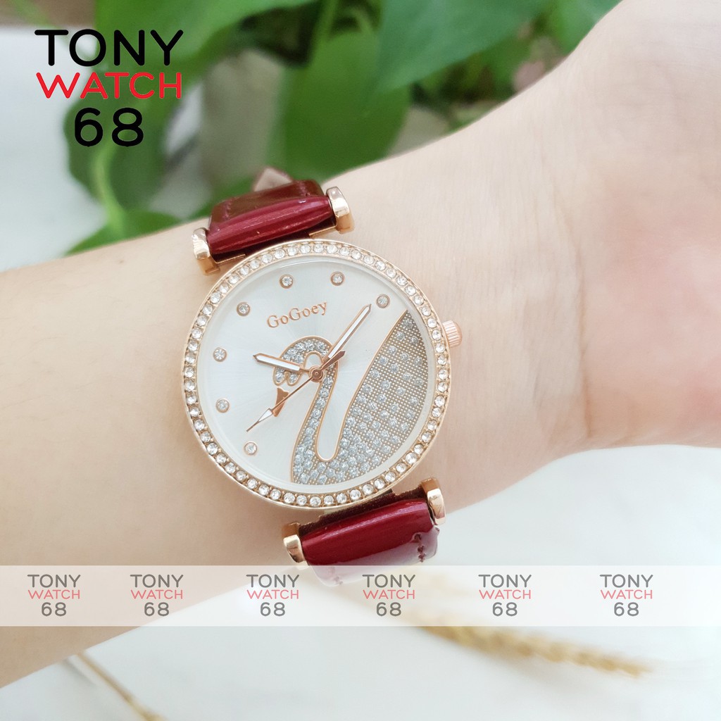 Đồng hồ nữ Gogoey đẹp dây da đỏ mặt ngọc thiên nga chống nước chính hãng Tony Watch 68