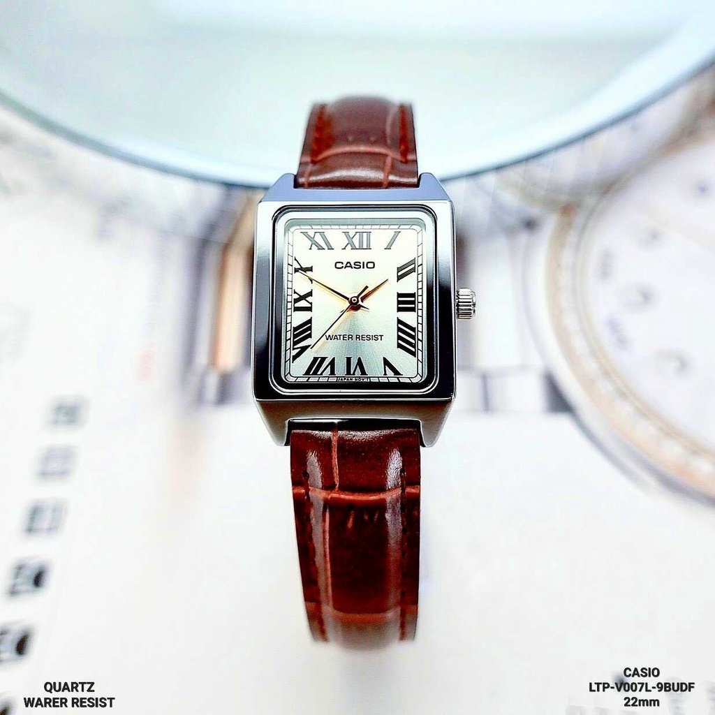 Đồng Hồ Nữ Casio LTP-V007L-9BUDF Pin Dây Da Cọc Số La Mã Viền Vàng Mặt Trữ Nhật