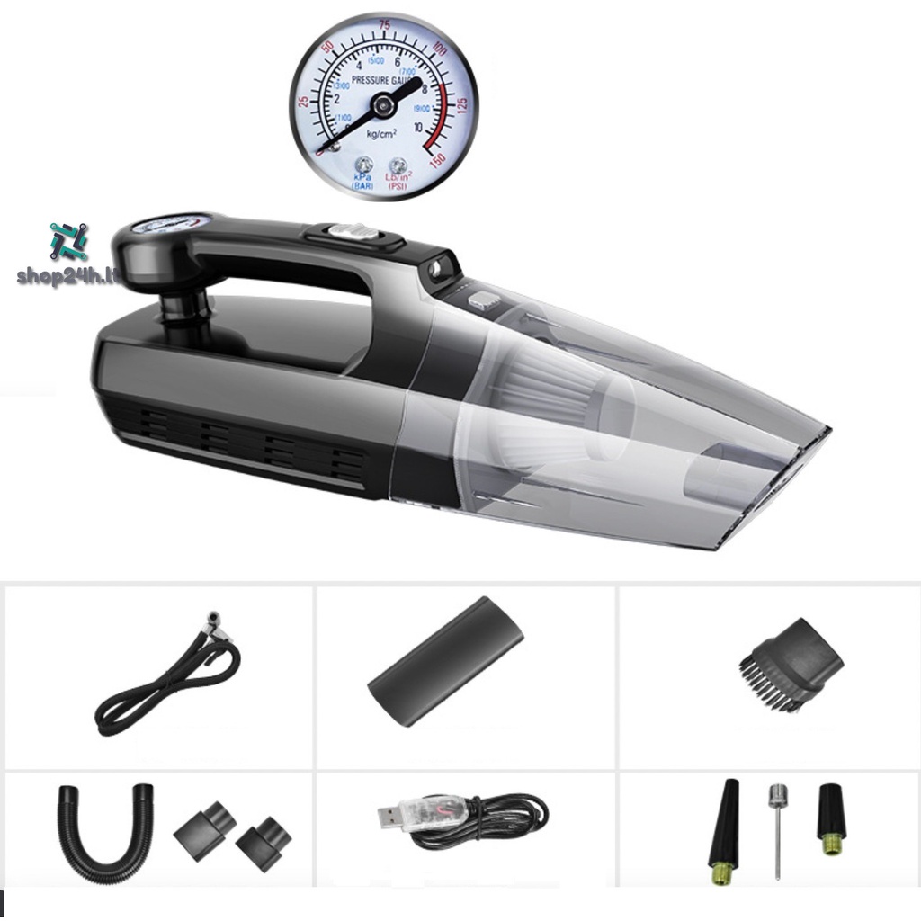 Máy Hút Bụi Ô Tô - Máy Bơm Lốp Ô Tô Đa Năng 4 Trong 1 - Hút Bụi, Bơm Lốp, Đo Áp Suất Lốp, Đèn Pin Chiếu Sáng