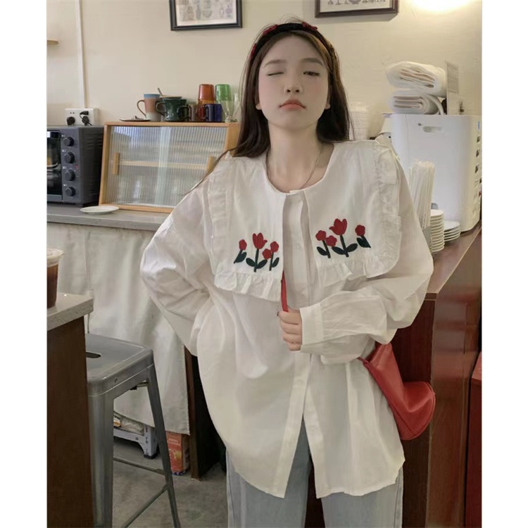 Áo Sơ Mi Trắng Dài Tay Thêu Hoa Thời Trang Nữ