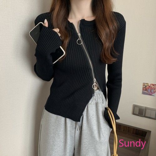 Áo Cardigan Dệt Kim Phối Khóa Kéo Phong Cách Hàn Quốc Cho Nữ