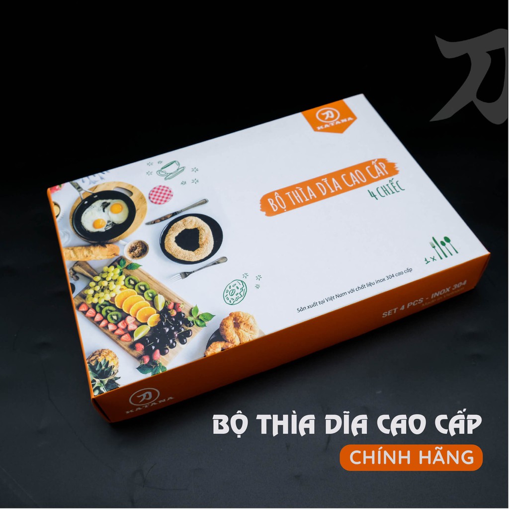 Set 4 món dao, thìa, dĩa bàn ăn KATANA INOX 304 vân trơn sáng bóng cao cấp, sang trọng - KATA100