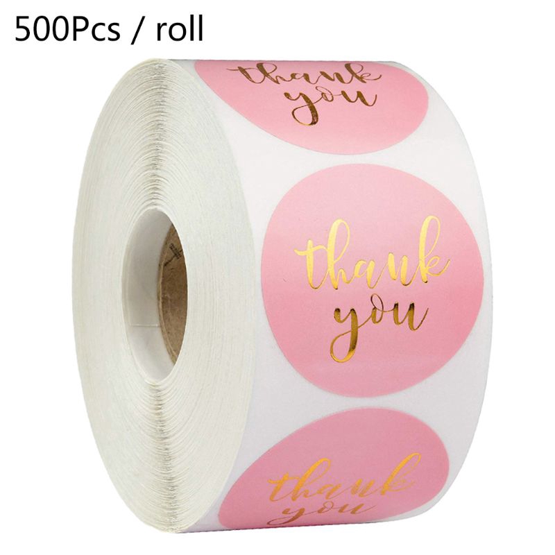 Cuộn 500 sticker in chữ "Thank you" màu vàng nền hồng