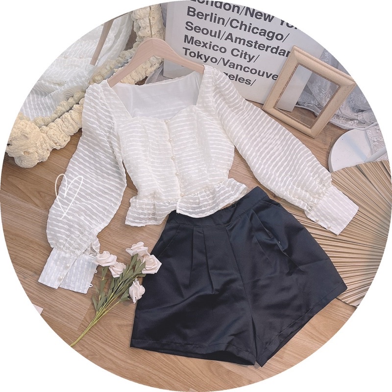 SET ÁO PEPLUM BI NỔI XỐP KEM + QUẦN SHORT ĐEN