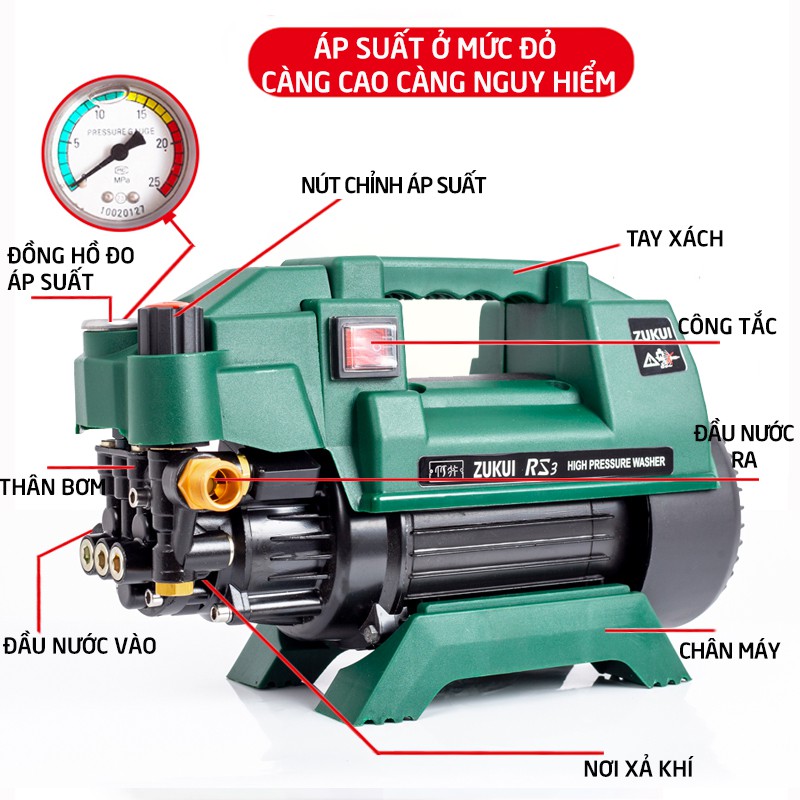 Máy rửa xe gia đình, công suất mạnh 2400W có thể chỉnh áp, áp lực cao,C0007RS3-máy xịt rửa ống bơm nước 15m vòi áp lực