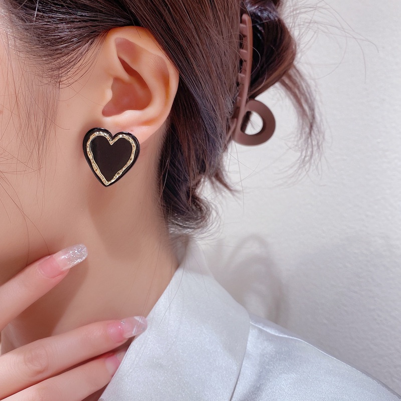 Bông Tai Hình Trái Tim Màu Đen Phong Cách Hàn Quốc Đơn Giản Thời Trang Cho Nữ