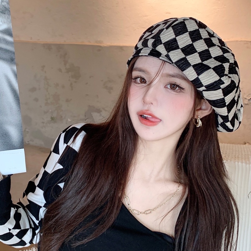Mũ Beret Họa Tiết Sọc Caro Thời Trang Xuân Hè Cá Tính Cho Nữ